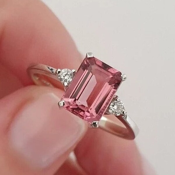 Pink Tourmaline Ring-Emerald Cut Tourmaline Ring-14K Gold Ring-Sterling Silver Ring-Statement Ring-Certified Stone Ring-October Birthstone