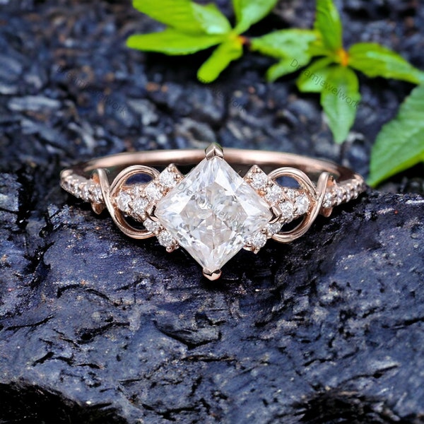 Princess cut Moissanite Engagement Ring Dainty Diamond Bridal Ring Unique Rose Gold Twist Engagement Ring  Anniversary Gift Promise Jewelry