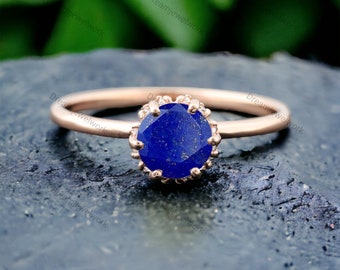 Vintage Lapis Lazuli Engagement Ring Solitaire Women Fine Jewelry Dainty Girl Proposal Ring 14k Rose Gold Customized Ring Special Gift Ring