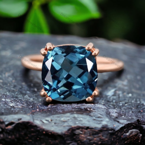 Antique London Blue Topaz Ring Cushion Cut Gemstone Engagement Promise Ring Women Solitaire Ring Healing Crystal Jewelry Birthday Gift Ring