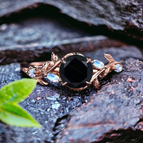 Natural Black Onyx Twig Ring 18K Gold Nature Inspired Onyx Ring Marquise Moonstone Leaf Engagement Ring Personalized Jewelry Birthday Gifts