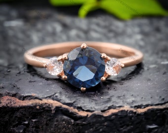 Blue Sapphire Wedding Ring 14k Rose Gold Blue Gemstone Wedding Ring Art Deco Cluster Promise Gift Statement Ring Personalized Gold Jewelry