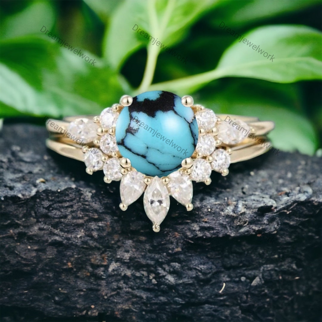Antique Turquoise Promise Ring Set Delicate Art Deco Jewelry 18K Yellow ...