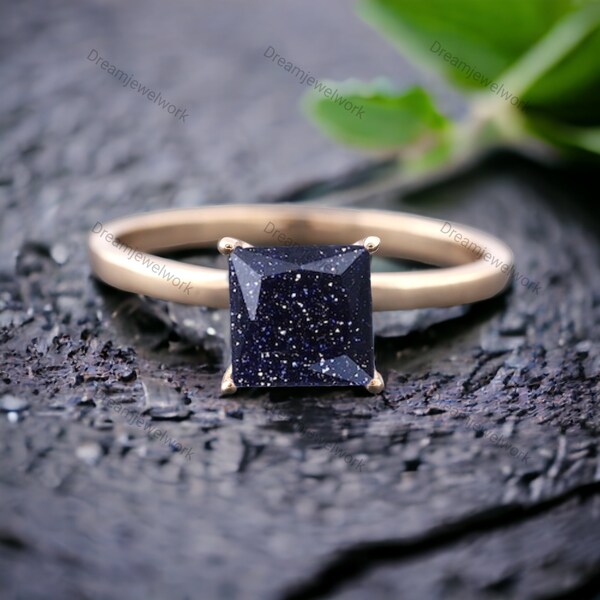 Princess Cut Galaxy Starry Blue Sandstone Ring Delicate Blue Goldstone Simple Solitaire Wedding Ring Women’s Nebula Ring Anniversary Gifts