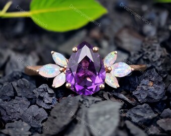 Pear Cut Purple Amethyst Ring Unique 18K Rose Gold Engagement Ring Marquise Opal Cluster Bridal Ring Delicate Handmade Jewelry Matching Gift