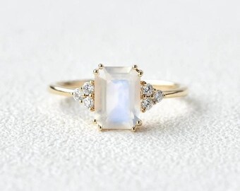 Emerald Cut Moonstone Engagement Ring, 14K Yellow Gold Bridal Ring, Rainbow Moonstone Ring, Statement Women Jewelry, New Year Gift For Wife