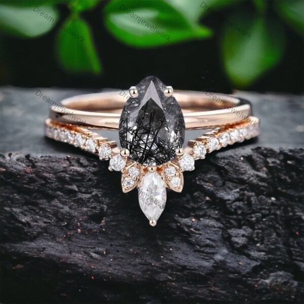 Natural Black Rutile Quartz Ring Set 14K Rose Gold Pear Cut Black Gemstone Engagement Ring Set For Her Half Eternity Crystal Birthday Gifts