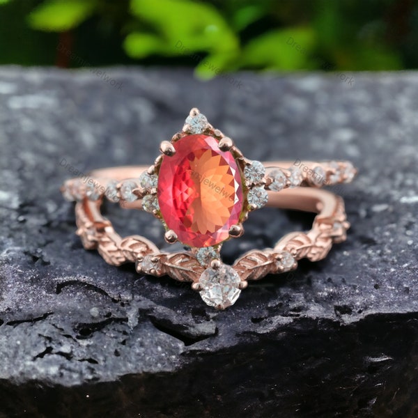 Vintage Oval Painite Ring Set Antique Cluster Diamond Wedding Band Curved Stacking Ring Set Women Matching Jewelry Anniversary Birthday Gift