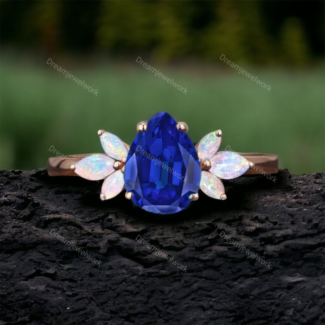 Teardrop Blue Sapphire Bridal Ring Marquise Cut Opal Cluster Etsy