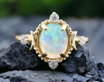 Vintage Opal Engagement Ring 14k Solid Gold Oval Cut Opal Anniversary Ring Promise Ring For Women Art Deco Jewelry Birthday Gift For Mother