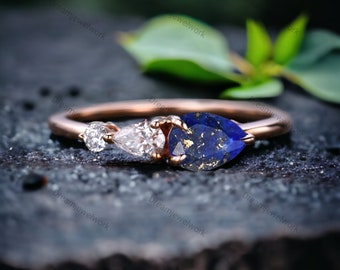 Natural Lapis Lazuli Engagement Ring Vintage Lapis Gold Wedding Ring Antique Moissanite Stacking Ring Alternative Blue Gemstone Gift For Her