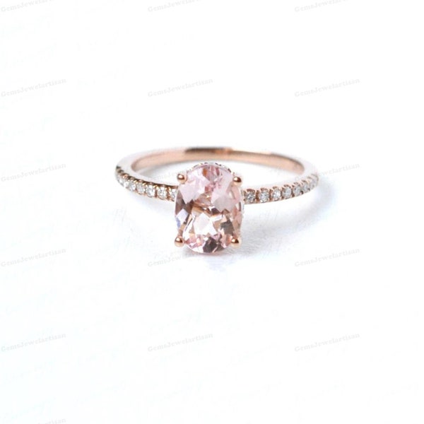 Anillo de compromiso de morganita rosa, anillo de boda de media eternidad de oro rosa de 14k, joyería hecha a mano para mujer, anillo Art deco, regalo de aniversario para mujer