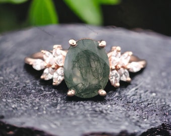Natural Moss Agate Wedding Ring Marquise Diamond Promise Ring Art Deco Women Fine Jewelry 14kRose Gold Ring Bridesmaid Gift Stacking Ring