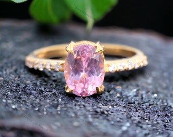 Bague de mariage taille ovale saphir rose bague diamant demi-éternité unique bijoux de demoiselle d'honneur or jaune 14 carats cadeau d'anniversaire pour femme