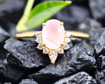 Oval Shape Rose Quartz Bridal Ring Pink Gemstone Engagement Ring 9kRose Gold Bridesmaid Jewelry Diamond Half Halo Proposal Ring Special Gift