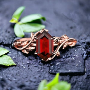 Hexagon Red Garnet Ring Unique Twig Leaf Garnet Engagement Ring Red Gemstone Ring Natural inspired Jewelry Solitaire Ring Gift For Daughter