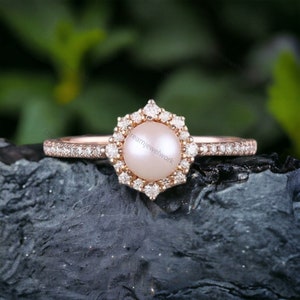 Vintage Fresh Water Pearl Engagement Ring 14k Gold Akoya Pearl Stacking Ring Beautiful Diamond Halo Minimalist Jewelry Wedding Proposal Gift