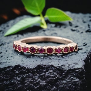 Vintage Ruby Promise Band 14k Rose Gold Bridal Band Ruby Wedding Band Curved Matching Band- Stacking Ring Pave Gold Gift Band Ruby Jewelry