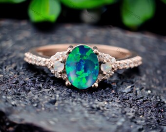 Oval Cut Black Opal Engagement Ring 14K Gold Vermeil Promise Ring Art Opal Gemstone Stacking Ring Birthday Gift For Her Personalized Jewelry