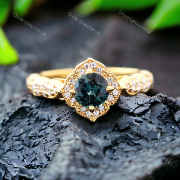 Antique Teal Sapphire Promise Ring Alternative Fine Gold Jewelry Women Handmade Proposal Gifts Personalized Anniversary Gold Ring For Wife