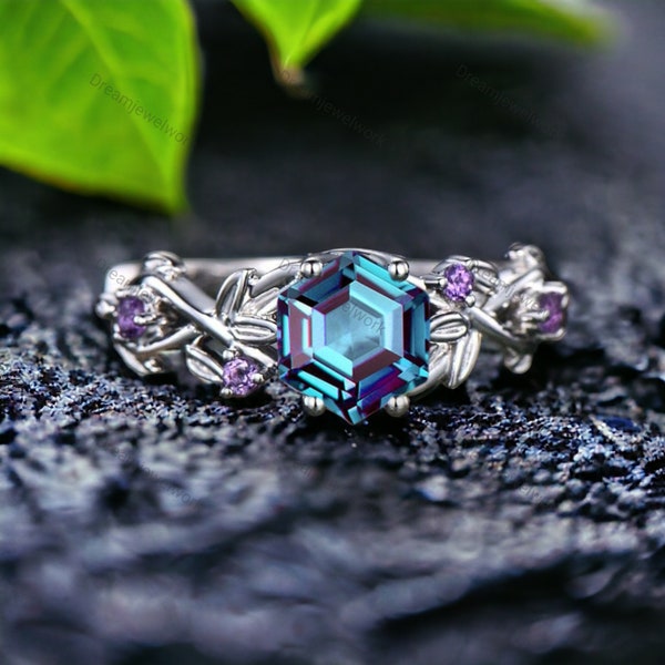 Hexagon Cut Alexandrite Ring Vintage Leaf Branch Bridal Engagement Ring Twig Vine Amethyst Cluster Ring Nature Inspired Jewelry Gift For Her