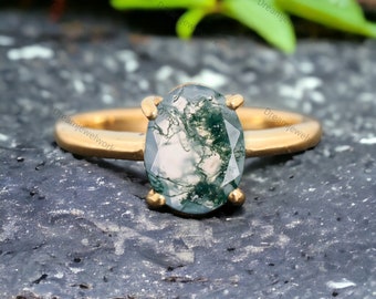 Natural Moss Agate Engagement Ring Oval Cut Gemstone Solitaire Ring Vintage Aquatic Agate Promise Ring Anniversary Gift Customized Jewelry