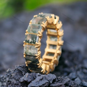 Natural Moss Agate Wedding Band Emerald Cut Gemstone Jewelry Full Eternity Promise Band, 14k Yellow Gold, Women Stacking Band Gift For Love