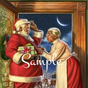 May include: A festive illustration of Santa Claus and Mrs. Claus. Santa, in a red suit with white trim, holds a gift. Mrs. Claus, in a red skirt and apron, stands nearby. A toy train and teddy bear are in the foreground. The word "Sample" is written across the image.