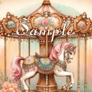 May include: A vintage carousel horse with a pink mane and tail, adorned with intricate details and jewels. The horse is on a wooden platform with a carved base. The carousel is decorated with floral motifs and a pink and white striped canopy.