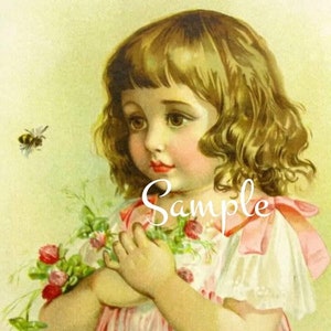 May include: A young girl in a pink and white striped dress holds a bouquet of red clover flowers. She is wearing a pink ribbon in her hair and has a sweet expression on her face. A bee flies in the background.