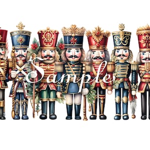 May include: A watercolour illustration of seven toy nutcrackers in various uniforms. The nutcrackers feature red, blue, and gold detailing. The word "Sample" is written across the image. The nutcrackers are arranged in a row.