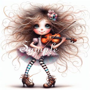 Girl playing Violin- Fabric Art Quilt Block/Panel -  Musical Instruments - Whimsical - 100% Cotton
