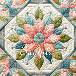 May include: Detailed shot of a quilted fabric with a central floral motif. The flower is rendered in shades of pink and blue, with a teal centre, and surrounded by green and blue leaves. The word "Sample" is visible.