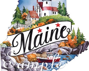 MAINE - State -  Fabric Art Quilt Block/Panel - Retro Travel Adventures - Illustration -  100% Cotton #STATE13