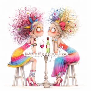 May include: Illustration of two cartoon women with colorful hair and dresses, seated at a table with a wine bottle and glass. The women are looking at each other with surprised expressions. The word "Sample" is written across the table.