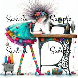 May include: A colourful illustration of a girl sewing on a vintage sewing machine. She is wearing a turquoise dress with colourful buttons and rainbow striped stockings. The sewing machine is black with a wooden table and has colourful thread spools and buttons around it.