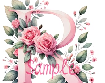 May include: A large, pale pink capital letter R decorated with blooming pink roses and green leaves. The word Sample is written in a cursive, bright pink font across the center of the letter, surrounded by small pink flower buds and foliage.