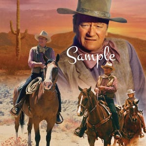 Peut inclure: Un collage photographique de style vintage représentant un cow-boy portant un chapeau brun et une veste en cuir marron, monté sur un cheval brun. L'arrière-plan est un ciel de coucher de soleil avec un cactus au premier plan. Le texte "Sample" est superposé à l'image.