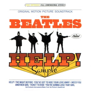 May include: A vintage record album cover featuring the Beatles, with the title "HELP!" in large, yellow, orange, and red letters. The Beatles are silhouetted in black, with their arms raised, against a white background. The album cover also includes the text "Original Motion Picture Soundtrack" and "Capitol Records".