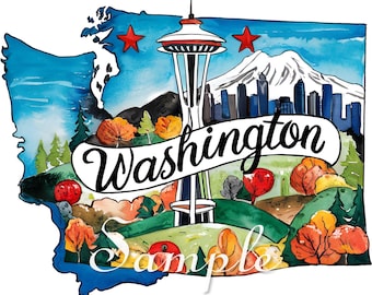 WASHINGTON - State - Fabric Art Quilt Block/Panel - Retro Travel Adventures - Illustration -  100% Cotton #STATE20