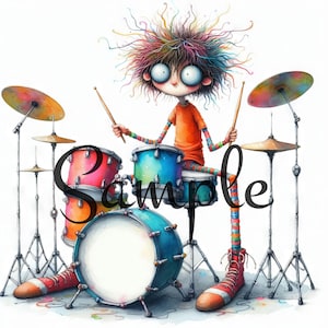 May include: A cartoon illustration of a drummer with colourful hair and large eyes, playing a rainbow-coloured drum kit. The image features the word "Sample" across the drums. The drummer wears an orange top and striped legs and arms.
