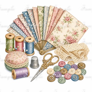 May include: A collection of sewing supplies including a fan of floral fabric swatches, three wooden spools of thread, a pincushion with pins, a metal thimble, ornate gold-toned scissors, a spool of purple thread, lace trim, and various buttons.