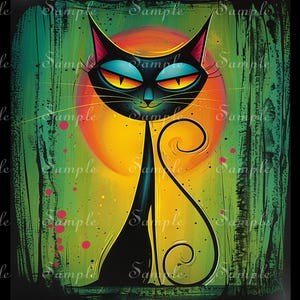 May include: A digital illustration of a black cat with large, almond-shaped eyes featuring bright yellow irises and teal eyelids. The cat has a slender body and a long, curled tail, set against a vibrant orange circular sun and a textured green background.