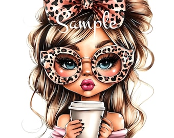 Leopard Bow Girl Fabric Quilt Block: Coffee & Glasses - 100% Cotton