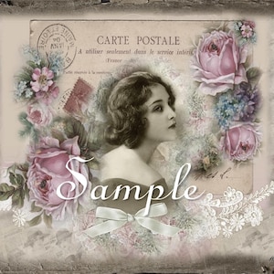 Bloc/panneau de courtepointe artistique en tissu - carte postale française vintage - roses roses - dentelle - 100 % coton - 12-311