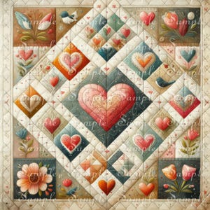 May include: A quilted fabric panel featuring a central large heart surrounded by smaller diamond-shaped blocks. The design includes various heart motifs, floral patterns, and small birds in muted tones of red, blue, green, and cream with stitching.
