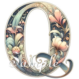 May include: An ornate letter "Q" with a floral design. The letter is outlined in a dark blue with a cream border. The interior is filled with pastel-colored flowers and leaves, with the word "Sample" overlaid.