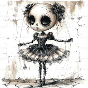 May include: A marionette doll with a large, cracked, pale head and dark, hollow eyes. The doll wears a black, lace-trimmed dress with puffed sleeves and a corset-style bodice. Thin strings extend from the doll's hands and head, and it has dark, patterned stockings.