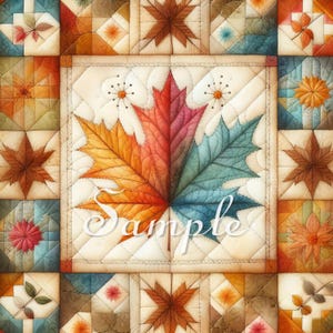 May include: A quilted fabric square featuring a large central maple leaf divided into orange, red, and blue sections. The background is cream with diagonal stitching and small embroidered floral accents. The word Sample is written in white script.