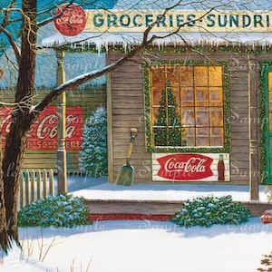 May include: A winter scene of a wooden store with a sign reading GROCERIES SUNDRIES and Coca-Cola branding. The porch features a shovel, a window displaying a Christmas tree, and a green door with a wreath. Snow covers the ground and roof.